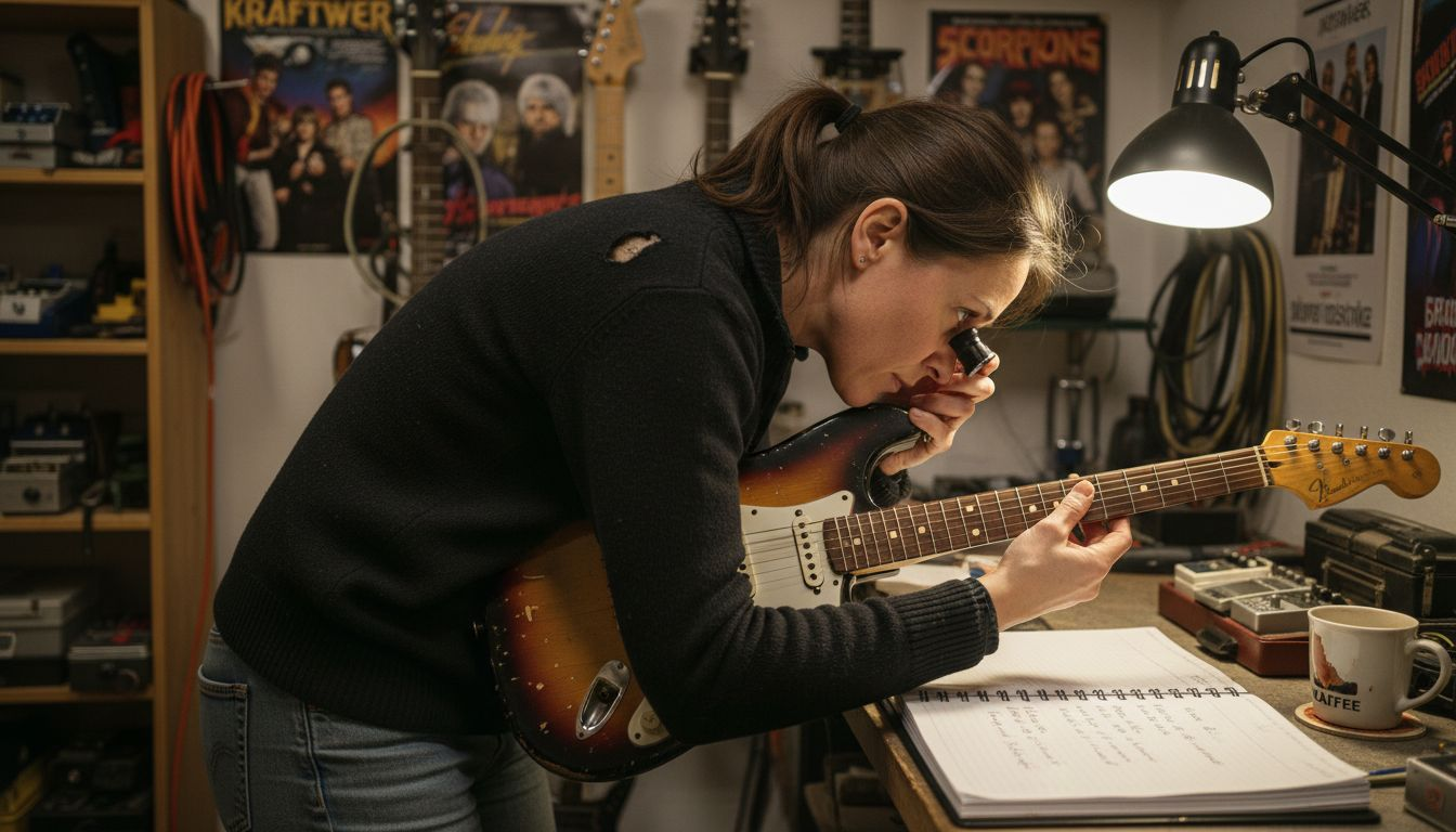 Ein Techniker überprüft die Seriennummern der Gitarren.
