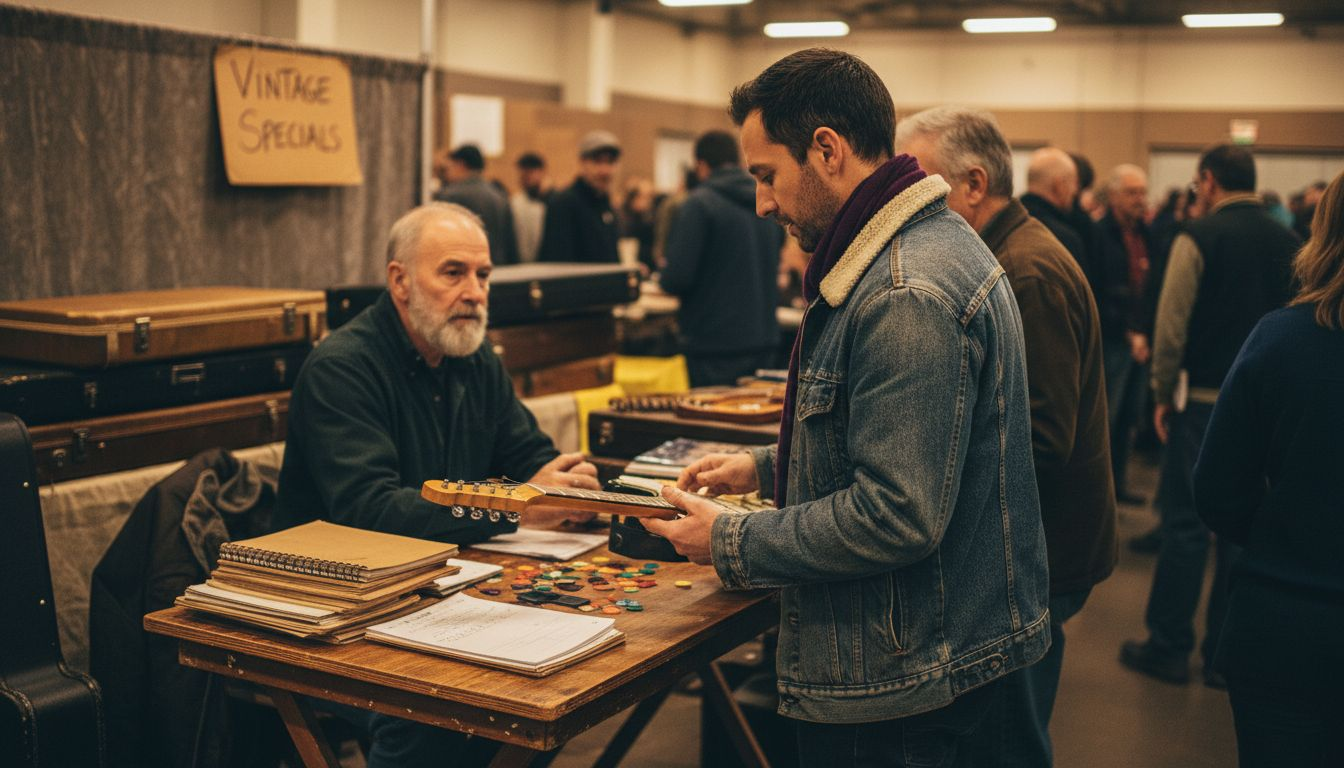 Buyer researching at vintage guitar show