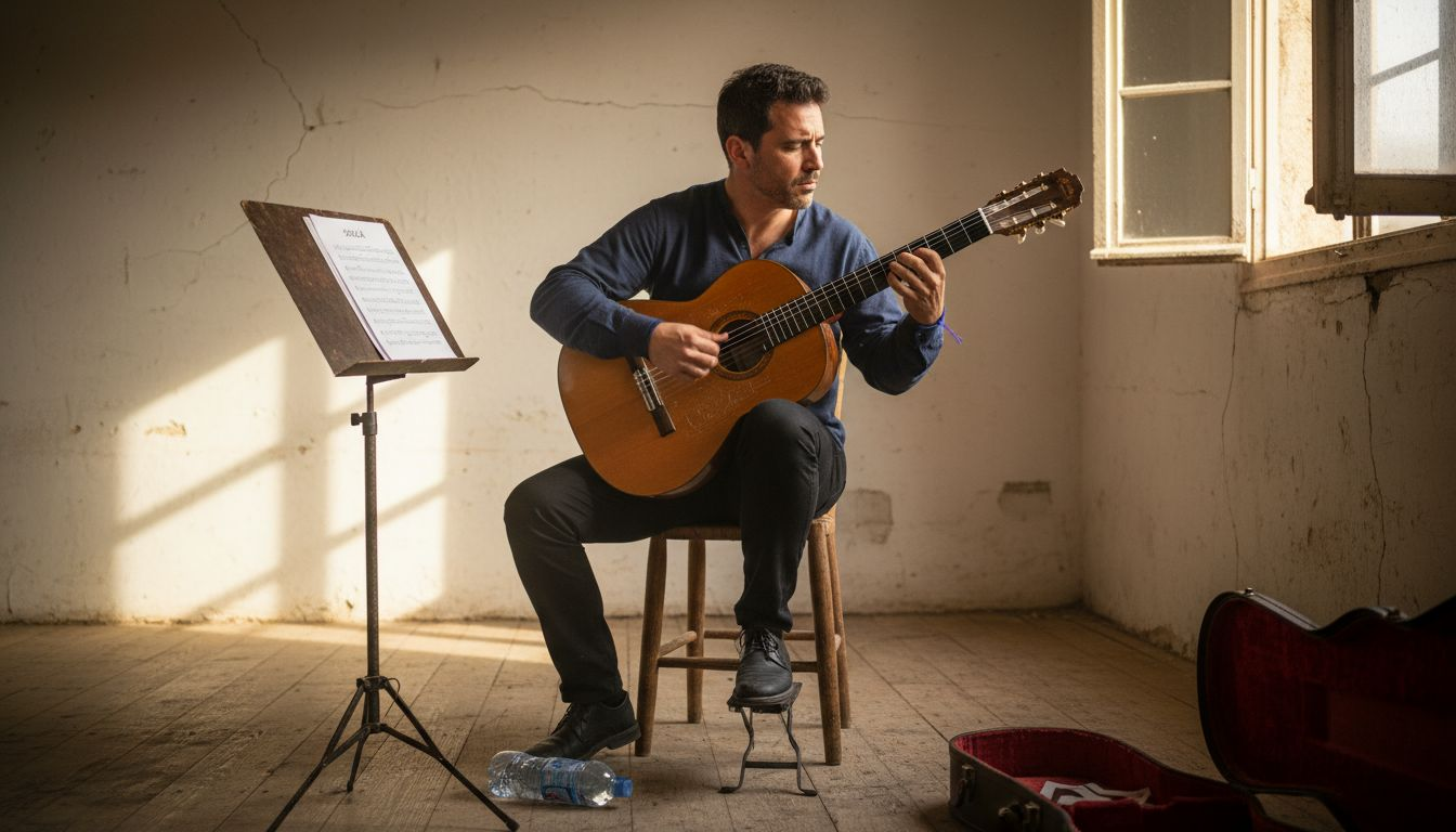Flamenco guitarist practicing on handmade instrument