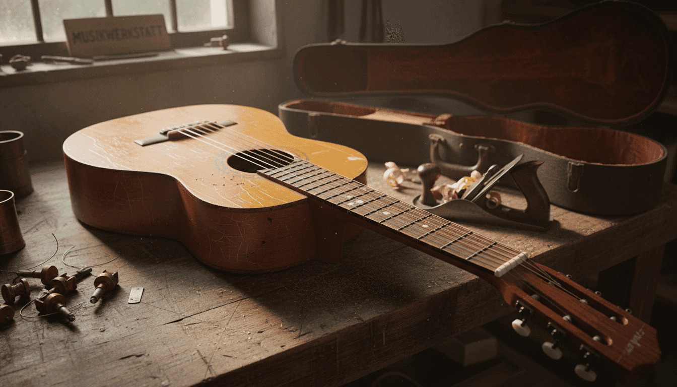 Detailaufnahme eines historischen Gitarrenkorpus mit sichtbar gealtertem Holz