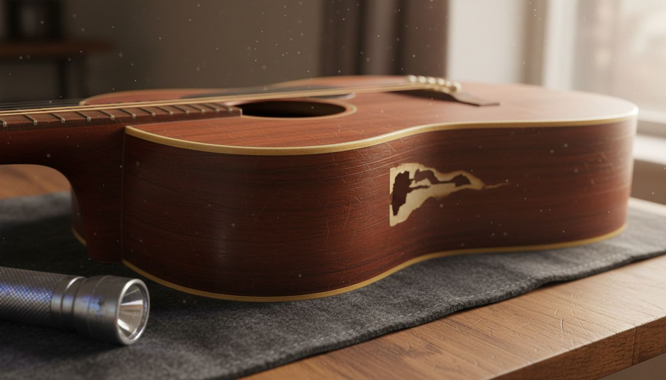 Close-up of vintage guitar wood and details