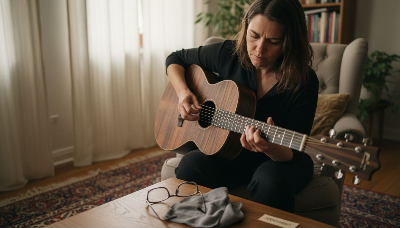 Eine Frau begutachtet sorgfältig die feine Verarbeitung einer handgefertigten Gitarre.