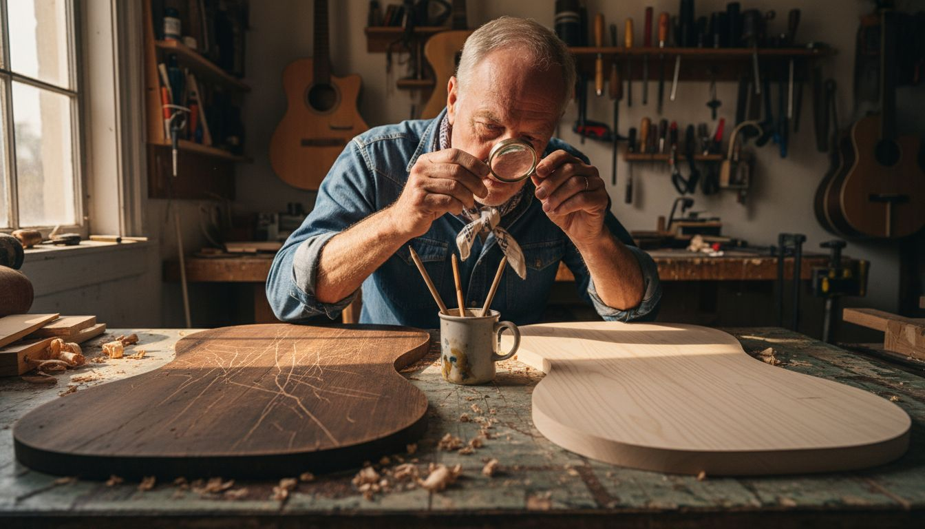 Luthier comparing aged and new guitar wood
