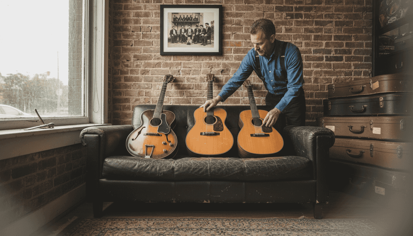 Shop owner arranges various pre-war guitar models