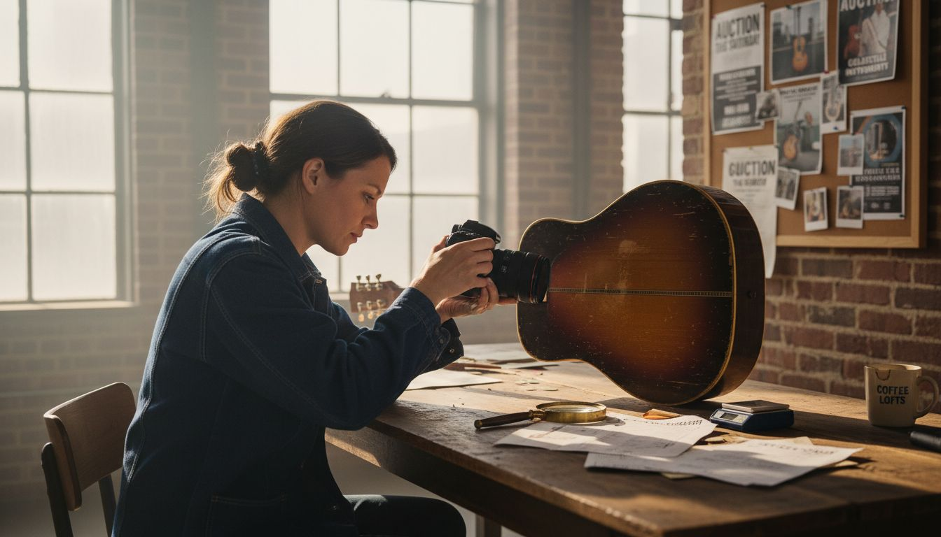 Appraiser documenting vintage guitar details