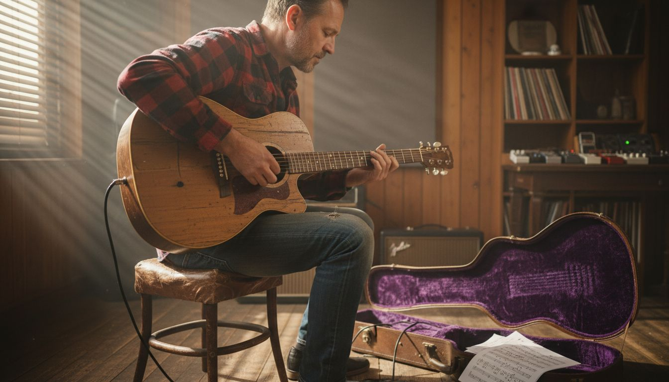 Ein Gitarrist probiert im Studio eine handgefertigte Gitarre aus.