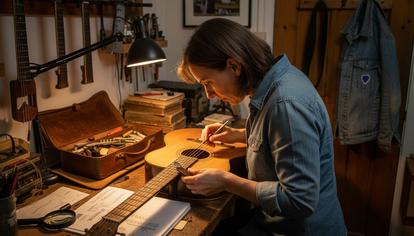Guitar expert examining instrument’s interior label