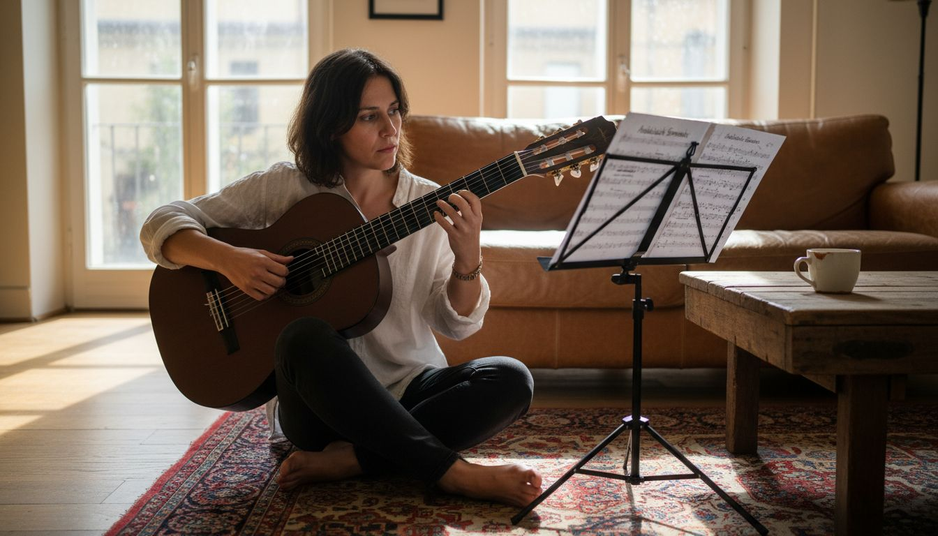 Zu Hause greift eine Gitarristin zur Negra-Flamencogitarre und lässt spanische Klänge erklingen.