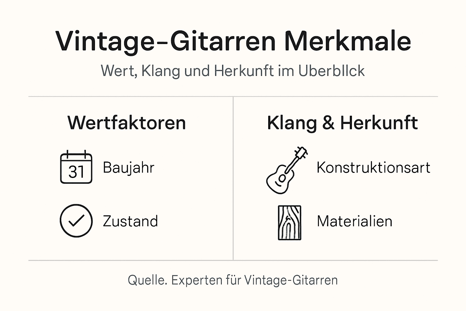 Übersichtsgrafik: Die wichtigsten Merkmale und Sammlerwerte klassischer Vintage-Gitarren auf einen Blick