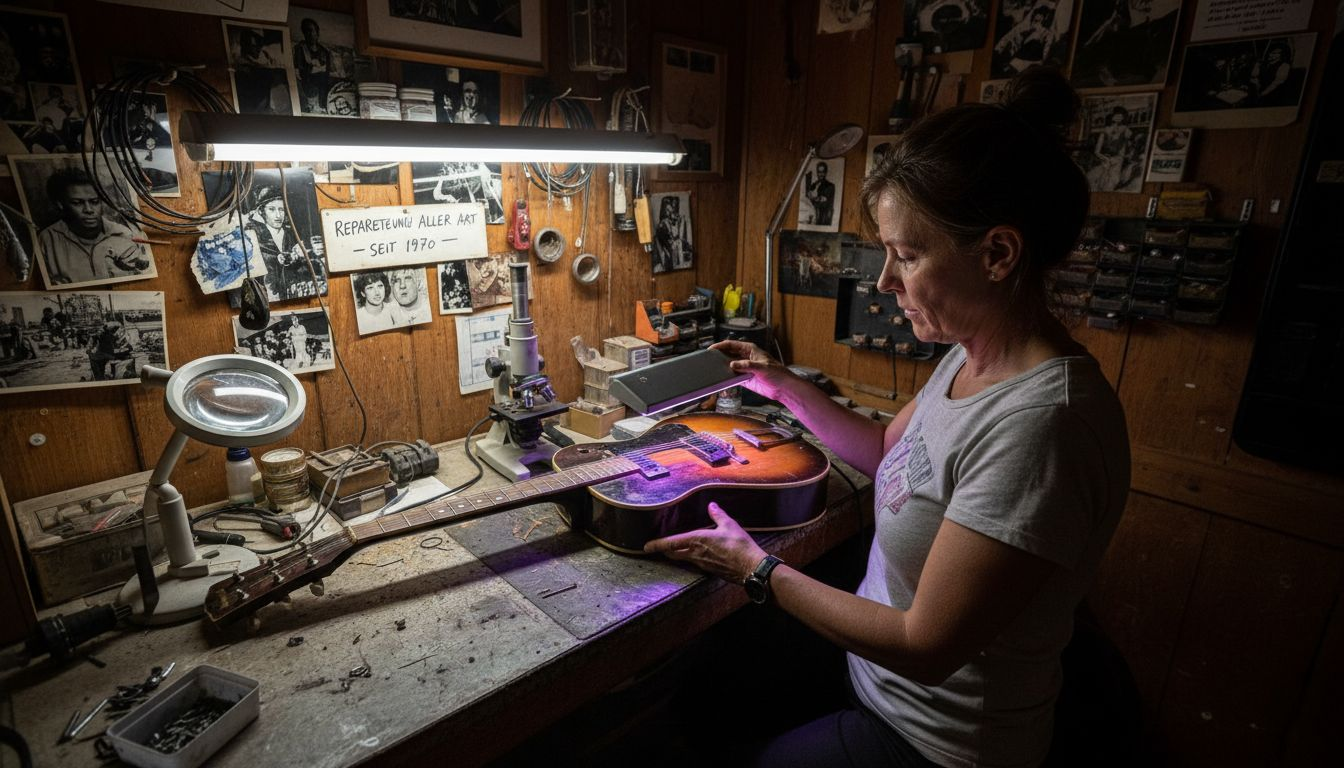 In der Werkstatt überprüft eine Frau, ob die Gitarre echt ist.