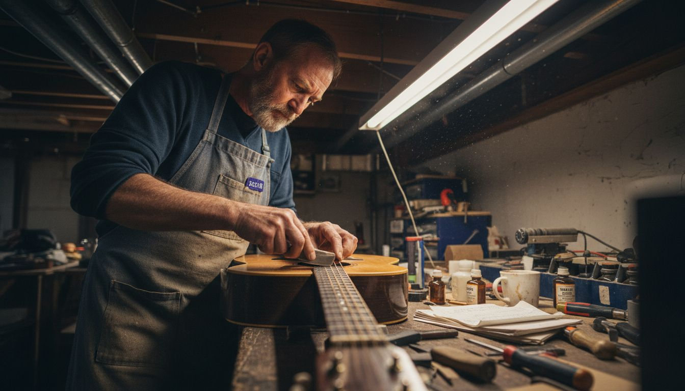 Luthier restoring vintage guitar in workshop