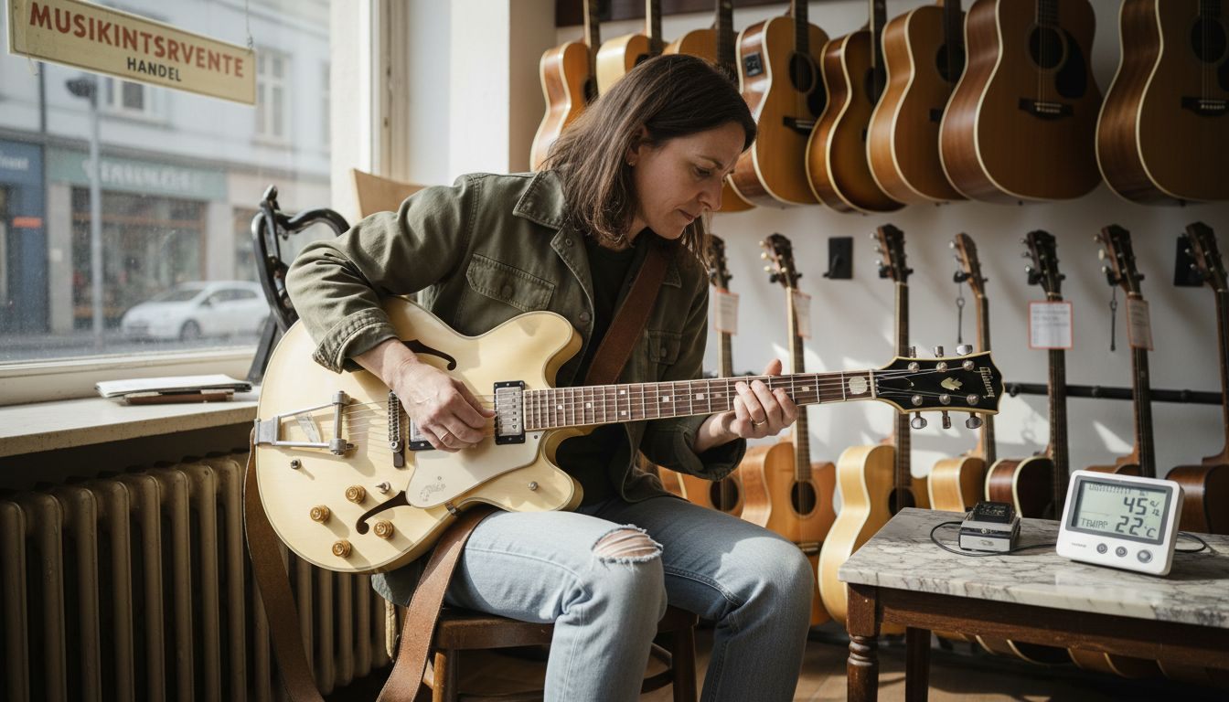 Eine Frau stimmt eine alte Gitarre in einem Musikgeschäft.