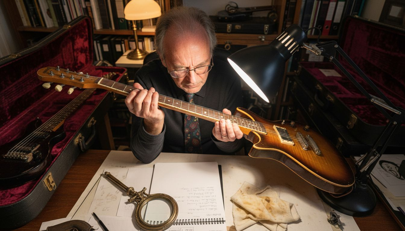 Collector inspecting neck joint on vintage guitar
