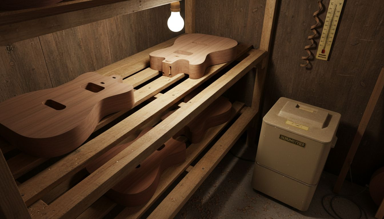 Gitarrenholz lagert zum Trocknen auf dem Werkstattregal.