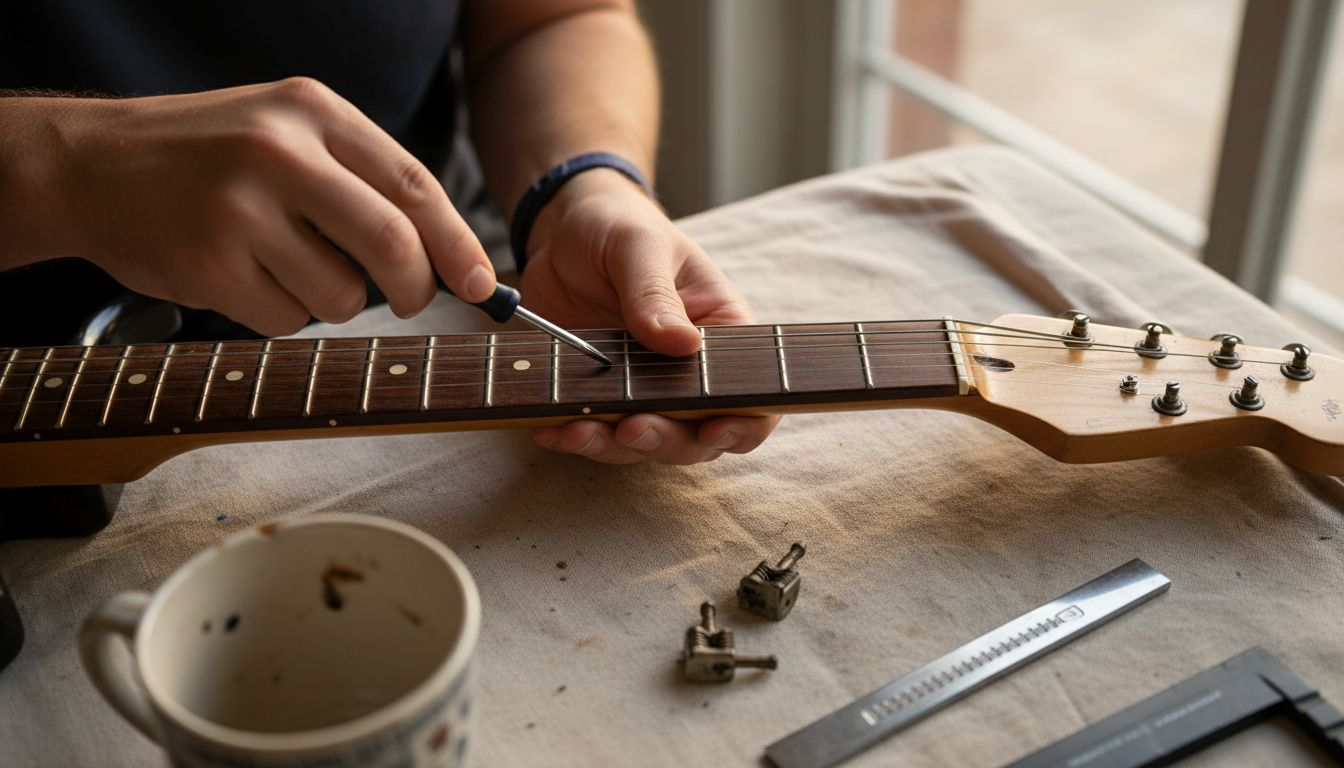 Close up of neck adjustment on vintage guitar