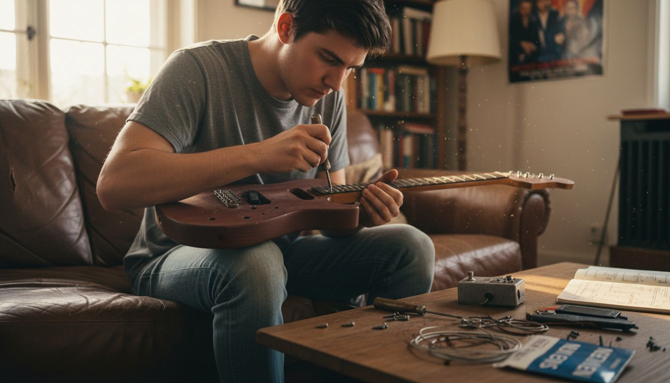 Detailaufnahme: Einbau eines Tonabnehmers in eine E-Gitarre