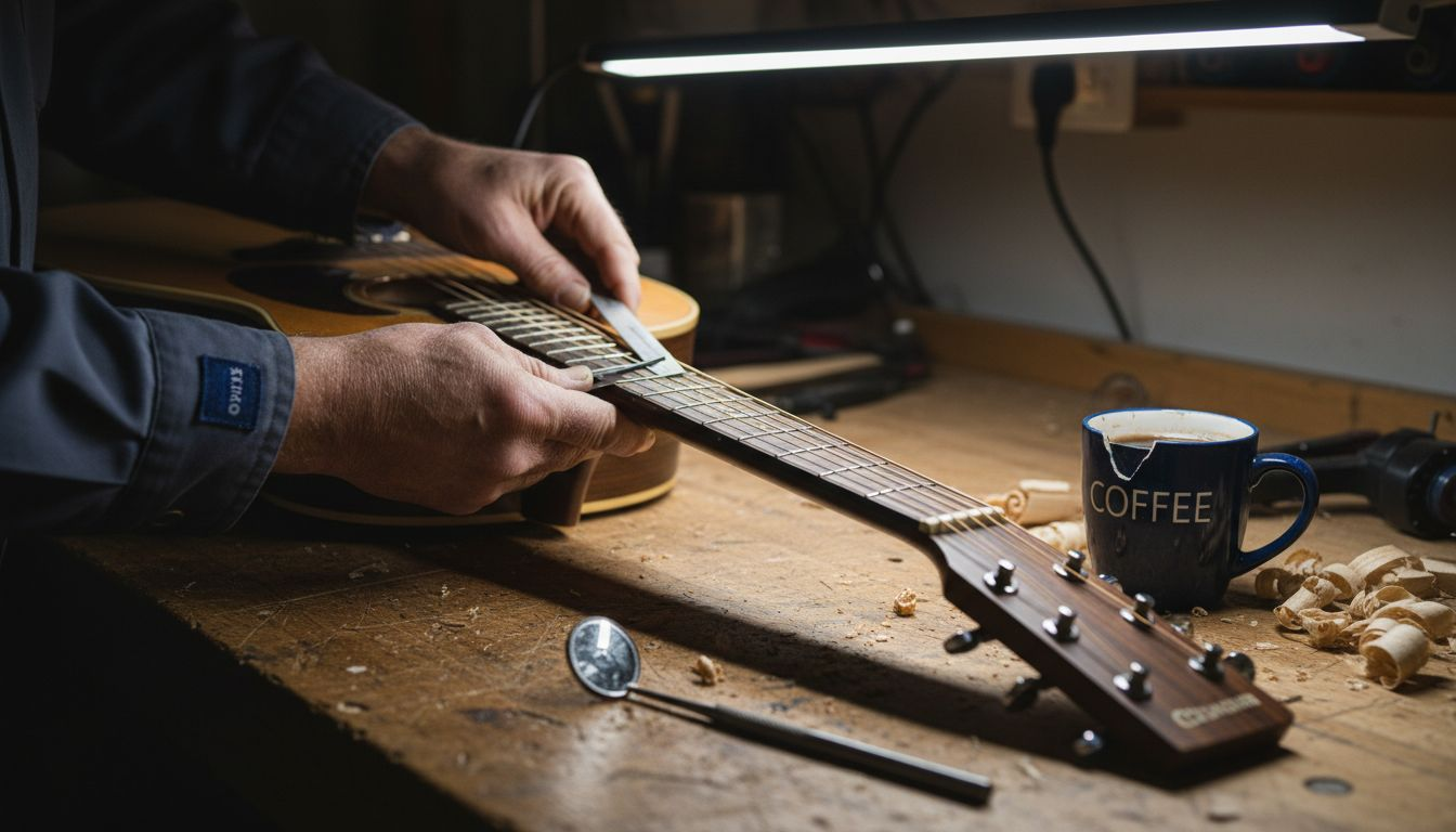 Hands inspecting acoustic guitar heel joint