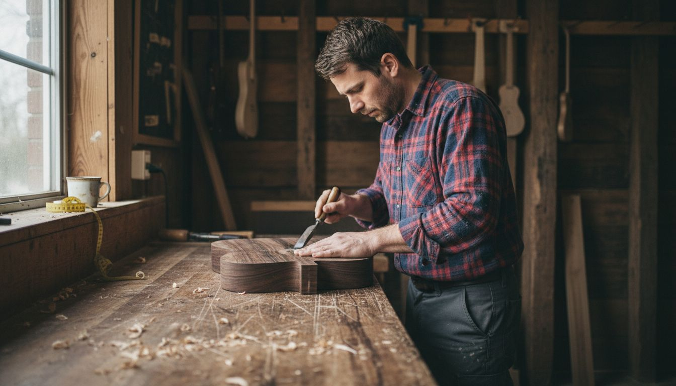 In seiner Werkstatt bringt der Gitarrenbauer das Tonholz in Form.