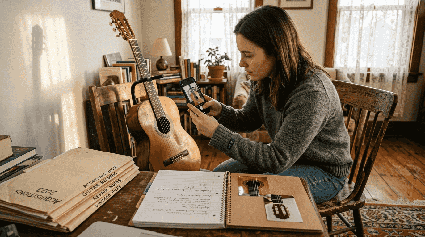 Collector documenting vintage guitar condition