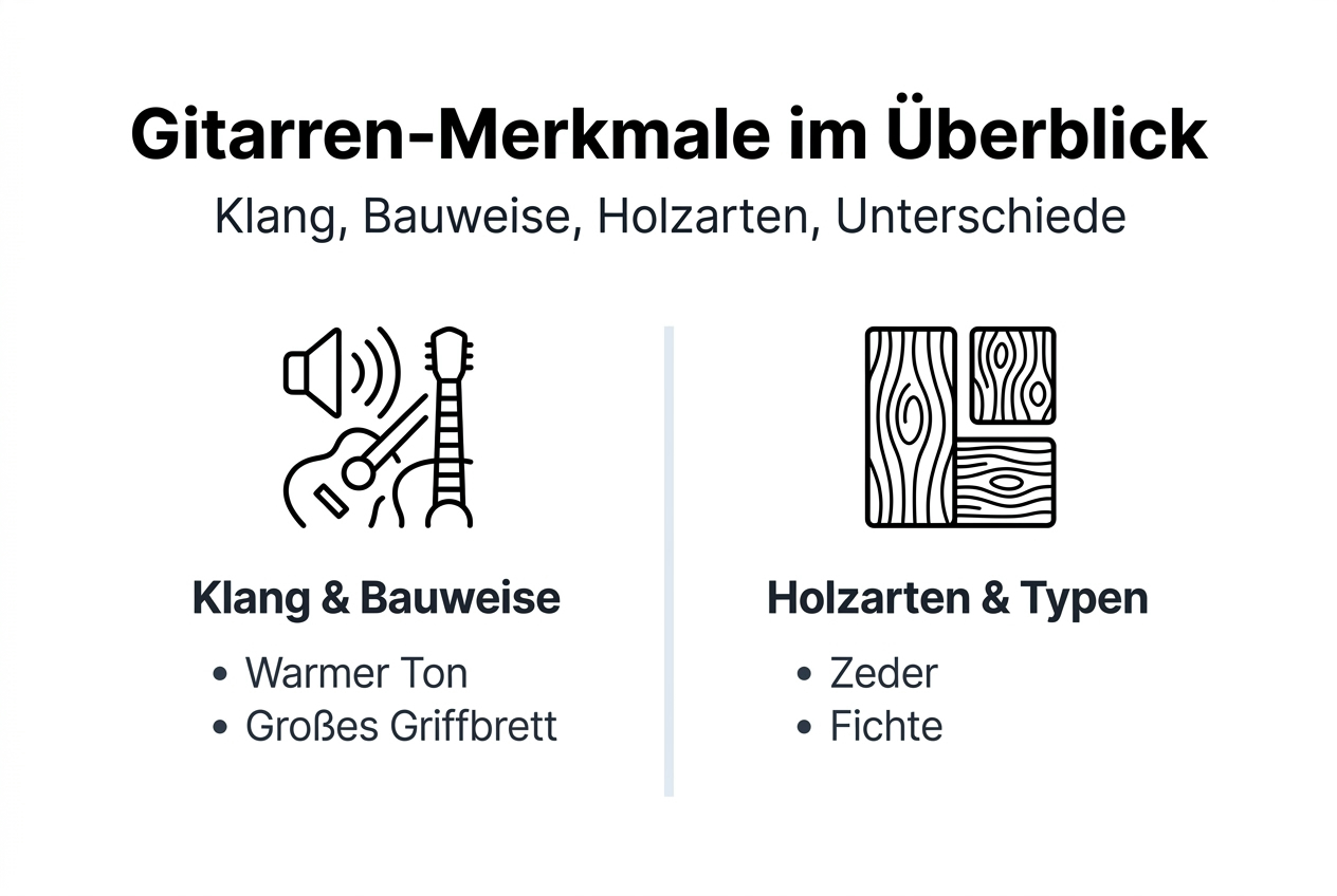Übersichtsgrafik zu Klang, Bauweise und Holzeigenschaften