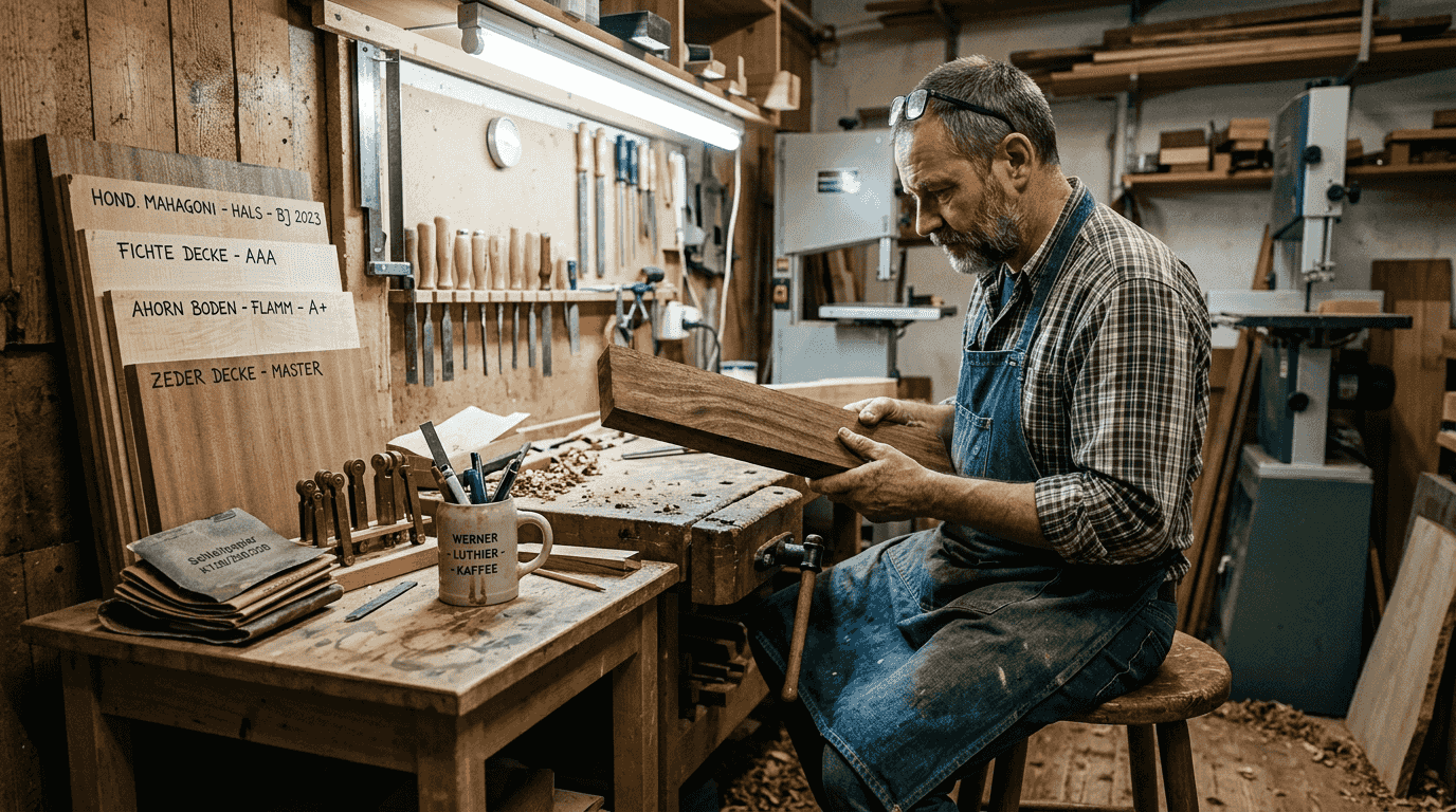 Im Atelier begutachtet der Gitarrenbauer sorgfältig die Holzstruktur.