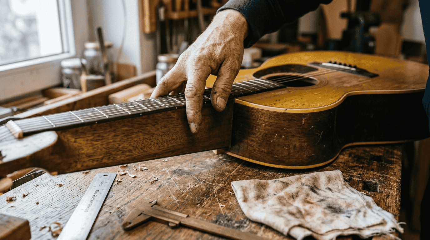 Nahaufnahme: Die Hände eines Gitarrenbauers arbeiten am Halsübergang der Gitarre.
