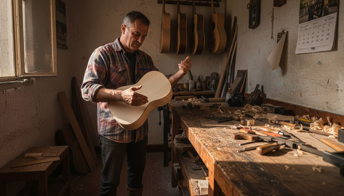 Luthier crafting flamenco guitar in workshop
