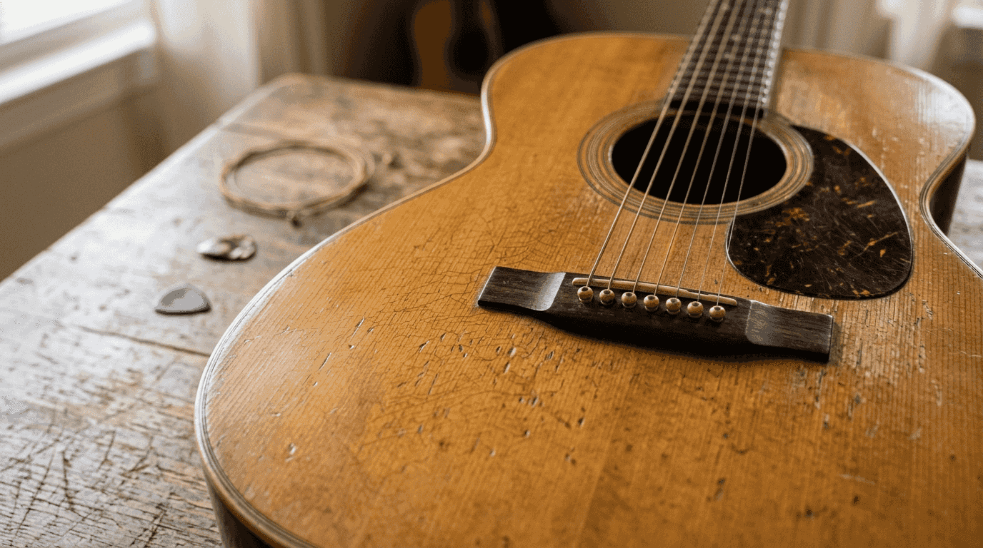 Detailaufnahme einer alten Akustikgitarre – das Holz zeigt die Spuren der Zeit.