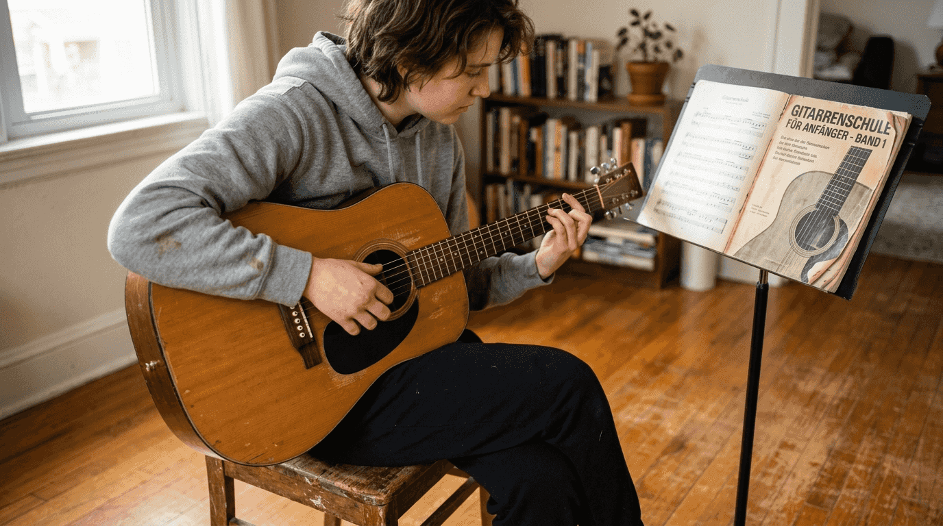 Eine Frau demonstriert, wie man die Hand auf der Gitarre richtig positioniert.