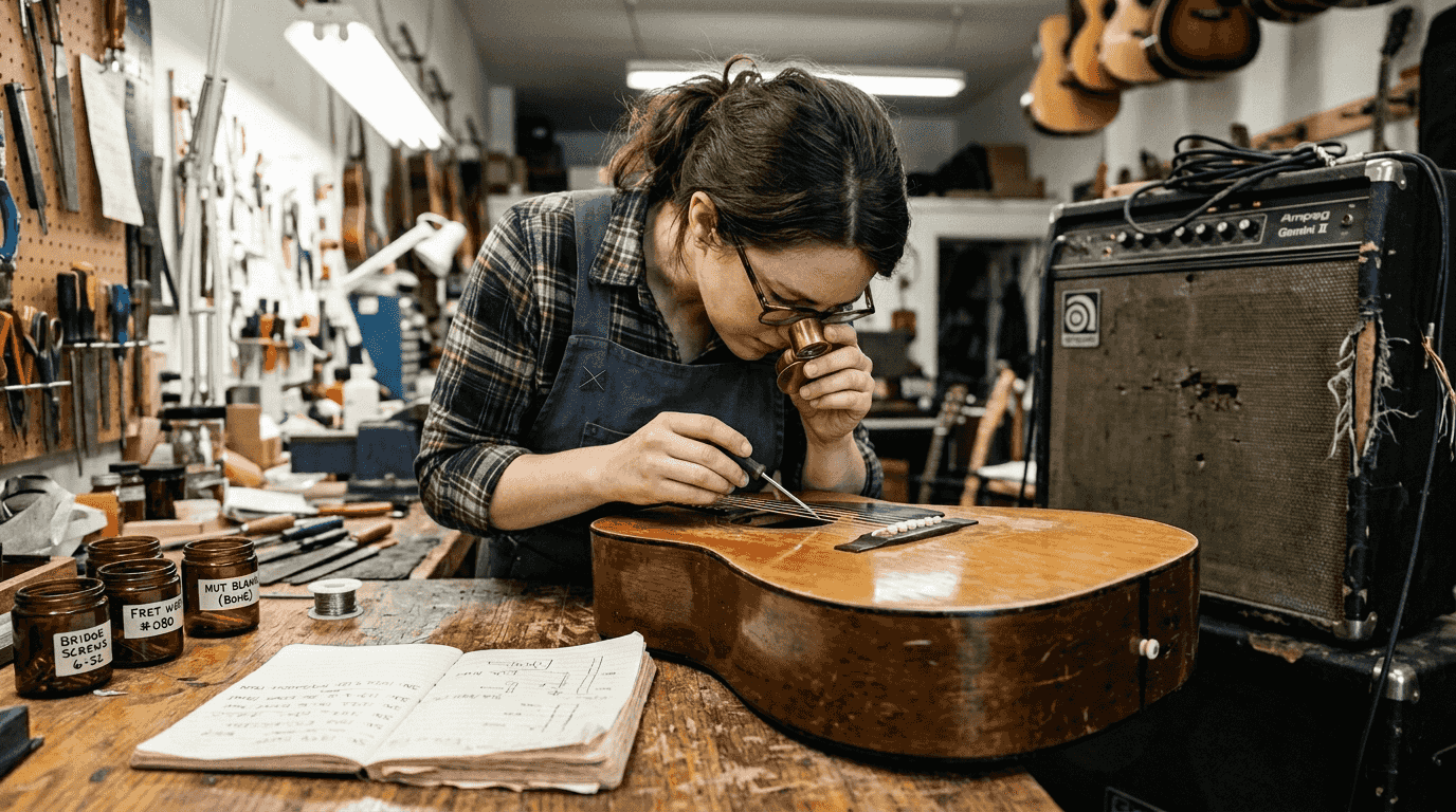 Woman inspecting original guitar components closely
