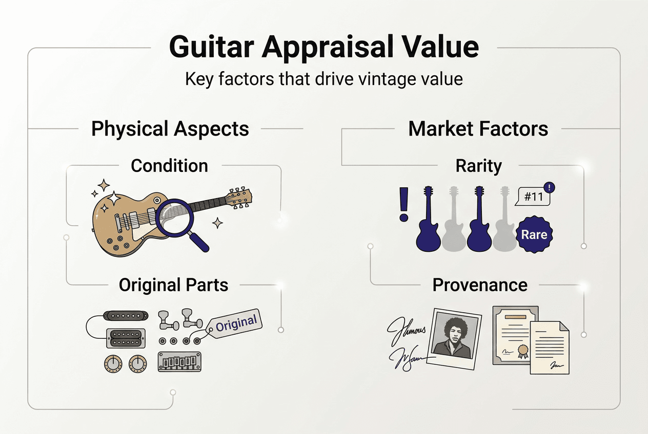 Infographic with guitar appraisal value factors