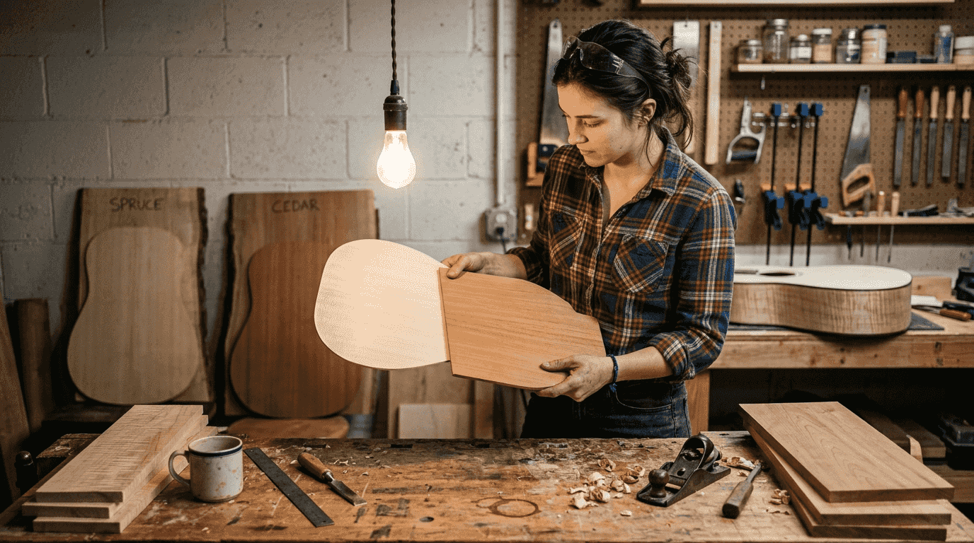 Luthier selecting wood for guitar top