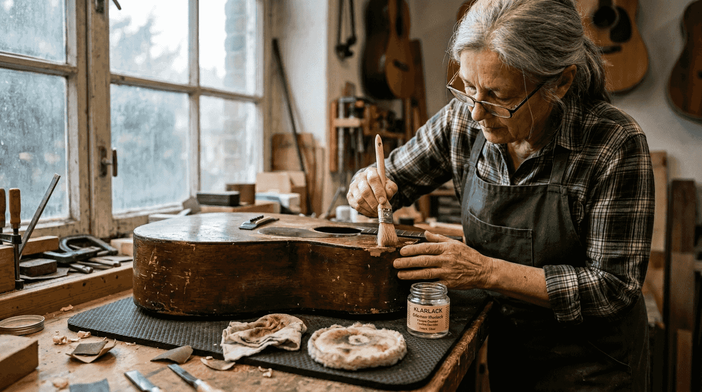 Nahaufnahme der Lackierung einer Vintage-Gitarre