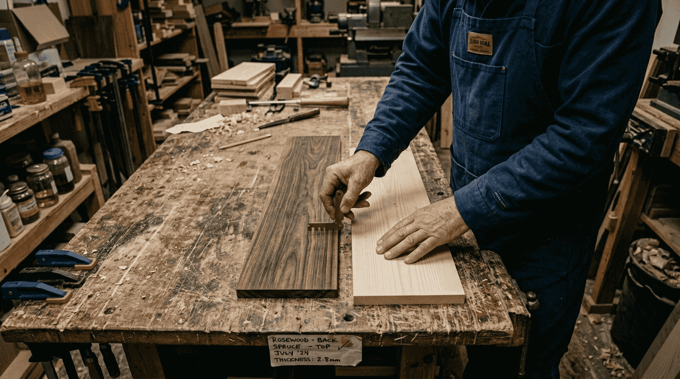 Luthier assessing guitar wood grain details