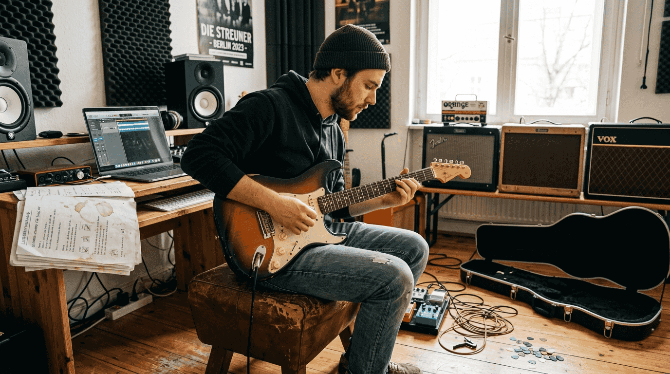 Ein Musiker spielt eine Neuauflage seiner Lieblingsgitarre im eigenen Heimstudio.
