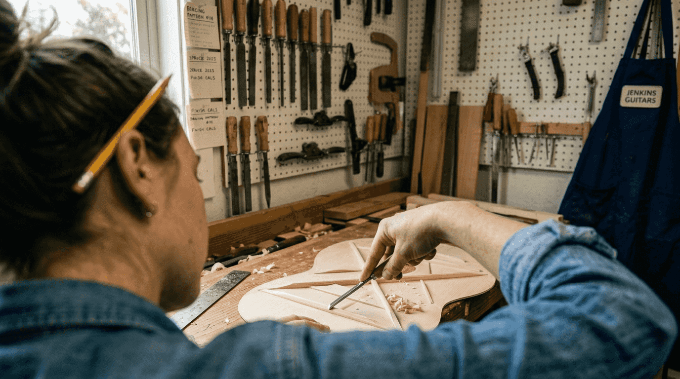 Luthier shaping bracing on guitar top
