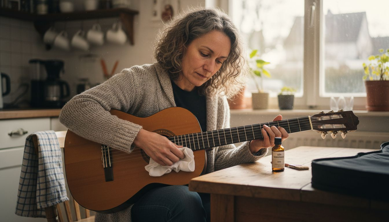 Eine Frau reinigt und pflegt das Griffbrett ihrer klassischen Gitarre.