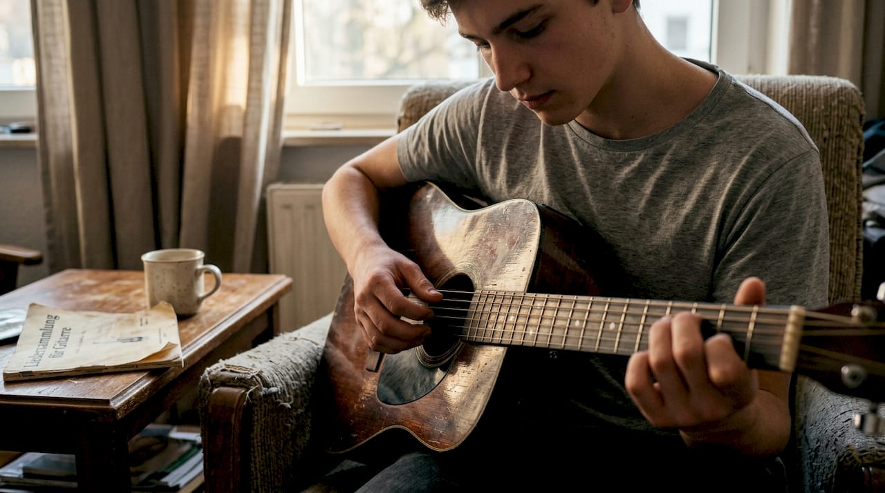 Ein Gitarrist schlägt sanft die Saiten einer alten, hölzernen Gitarre an – der Fokus liegt auf der Maserung des Holzes.