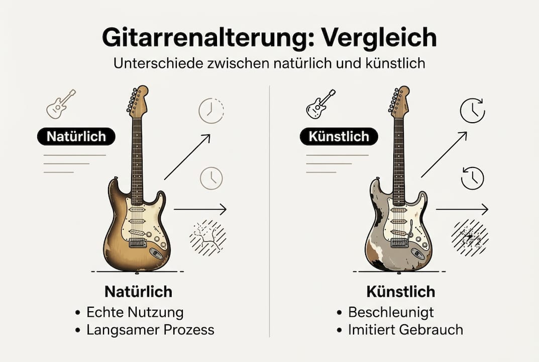Infografik: Natürliche Alterung vs. künstliches Aging bei Gitarren