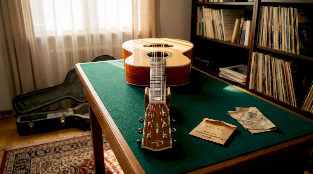 Eine Gitarre im OM-Stil liegt auf dem Tisch, ihr Fichtendeck glänzt im Sonnenlicht.