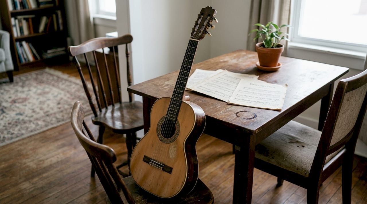 Detailaufnahme einer klassischen Vintage-Gitarre, die auf einem Tisch liegt.