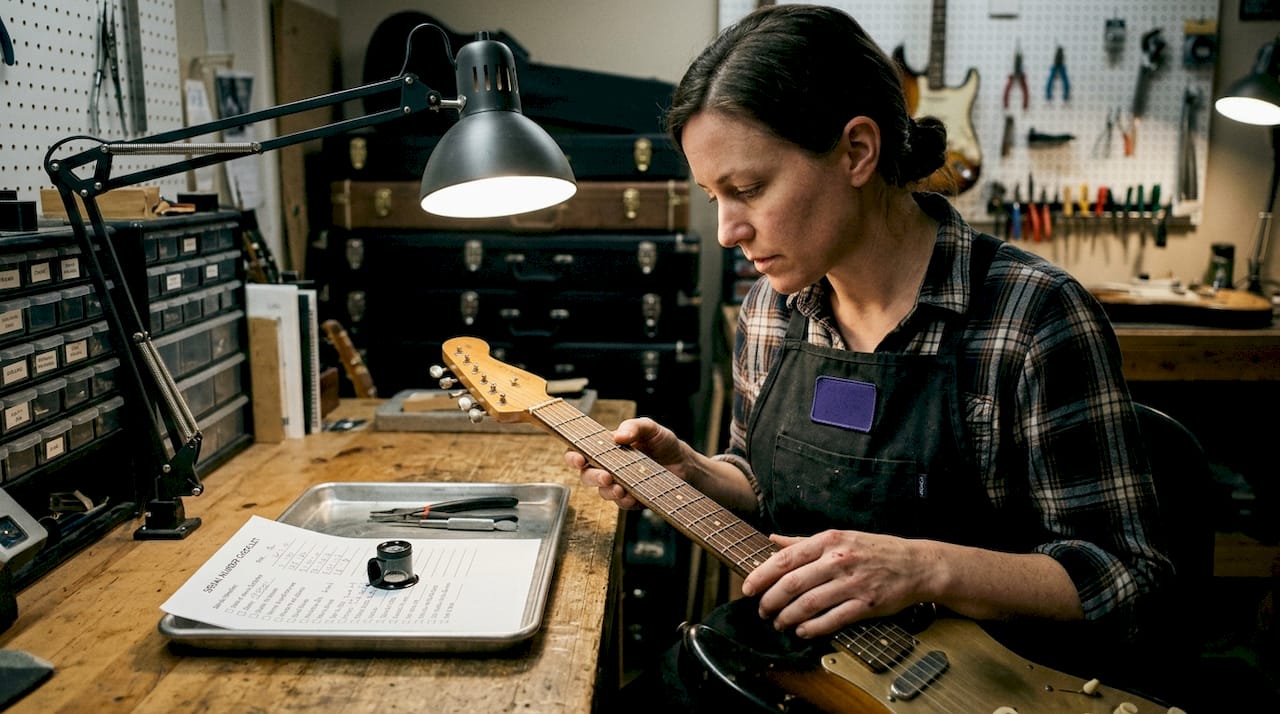 Technician examining vintage guitar for authenticity