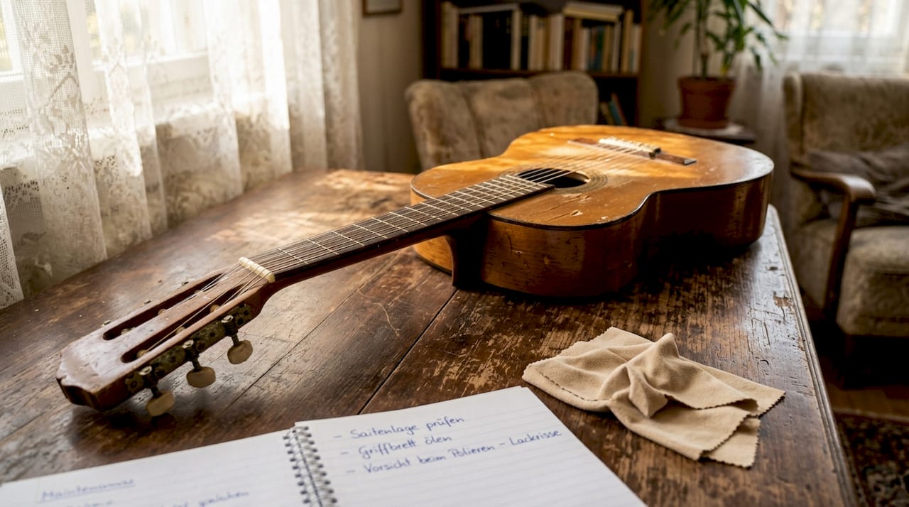 Eine alte, gut bespielte Gitarre mit sichtbaren Gebrauchsspuren liegt auf einem Holztisch.
