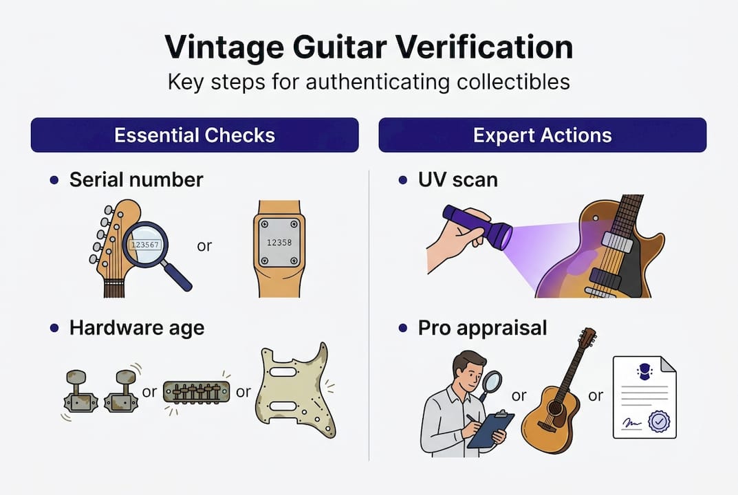 Infographic showing vintage guitar authentication steps