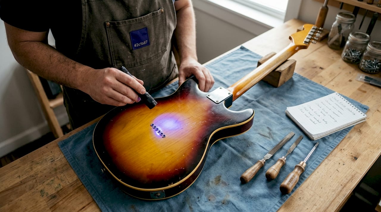 Hands using UV light on vintage guitar body