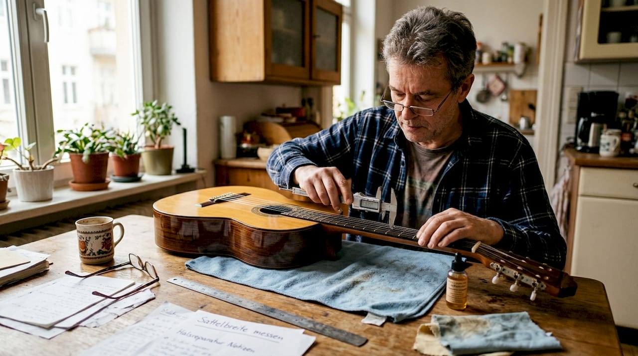 Ein Sammler vermisst seine Gitarre am Küchentisch, der kurzerhand zur Werkbank umfunktioniert wurde.