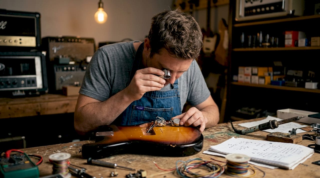Technician inspecting guitar electronic components