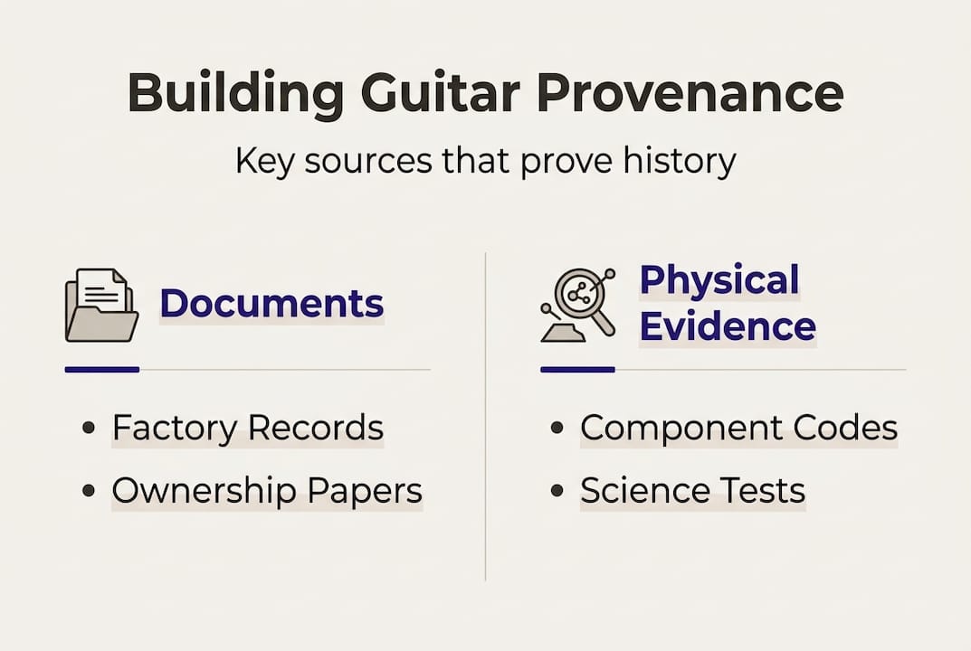 Infographic summarizing guitar provenance evidence sources