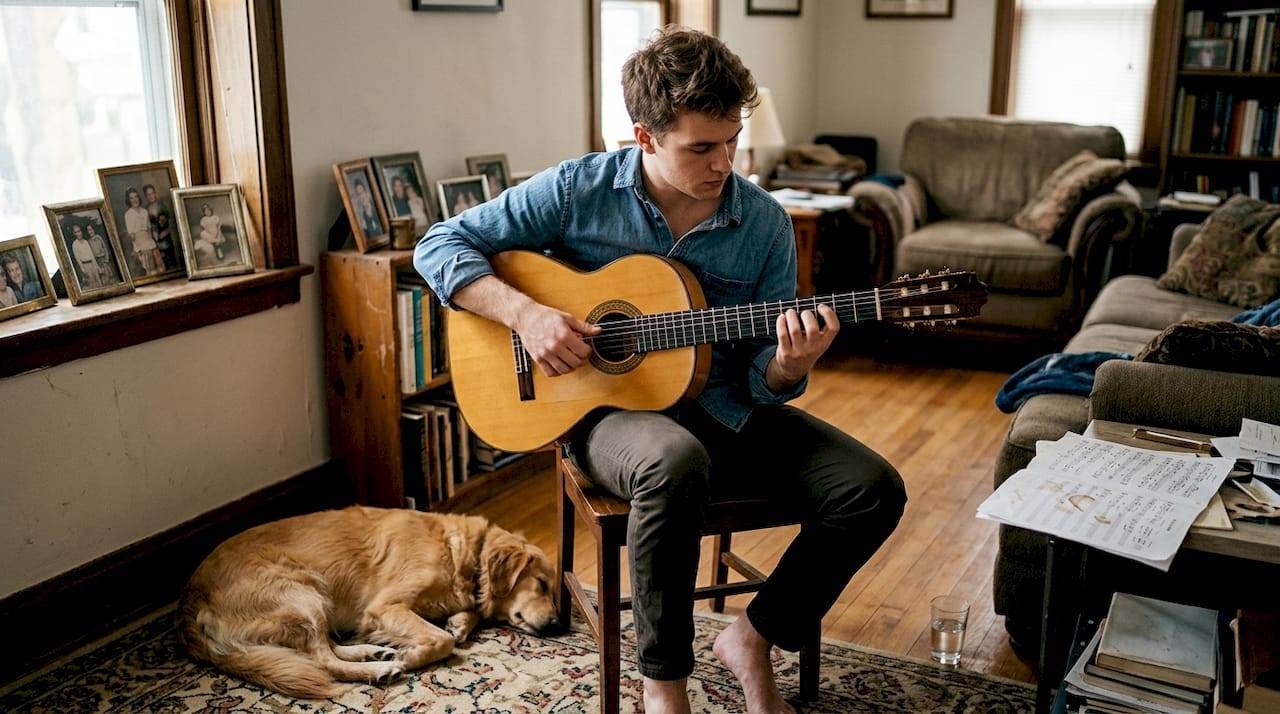 Guitarist strumming flamenco guitar in cozy room