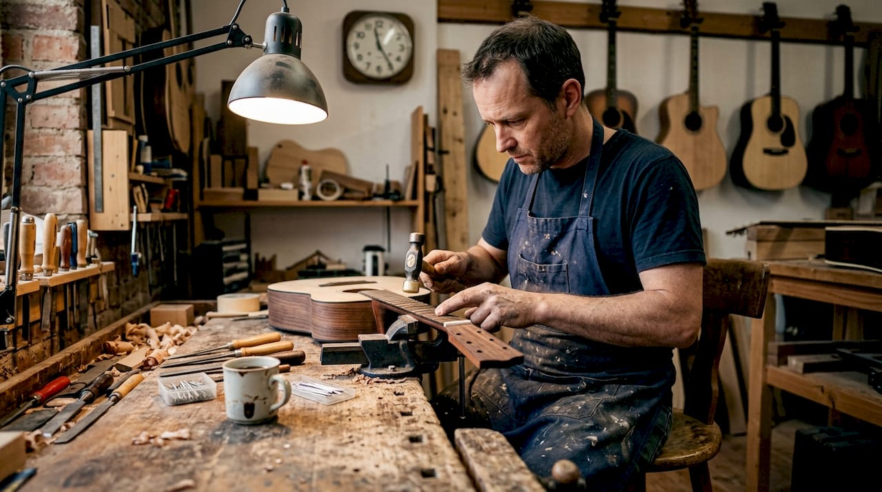 Ein Gitarrenbauer bearbeitet das Griffbrett einer Gitarre mit viel Fingerspitzengefühl.